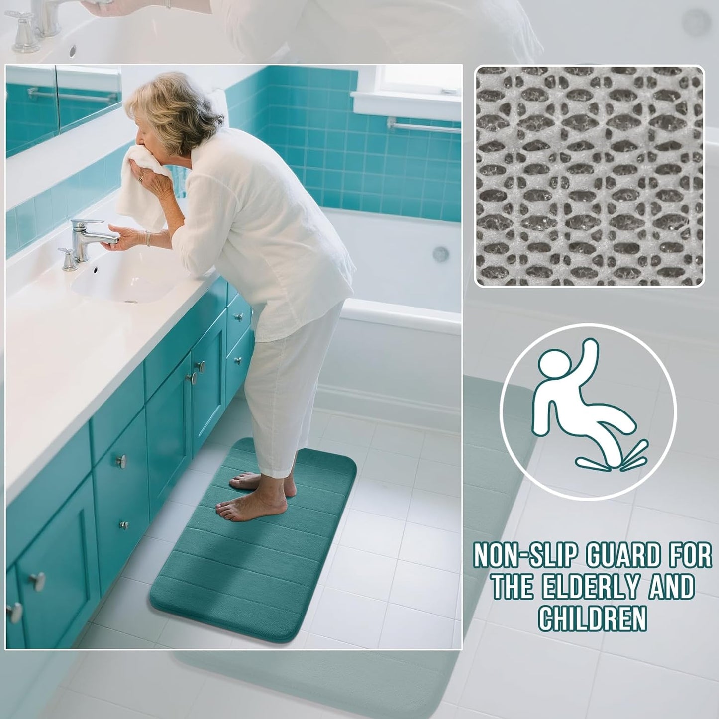 Yimobra Long Bath Mat 44"x24", Super Soft Quick Dry Memory Foam Bathroom Rug, Water Absorbent, Non Slip Backing Machine Washable for Tub Shower, Thick Comfort Support, Teal