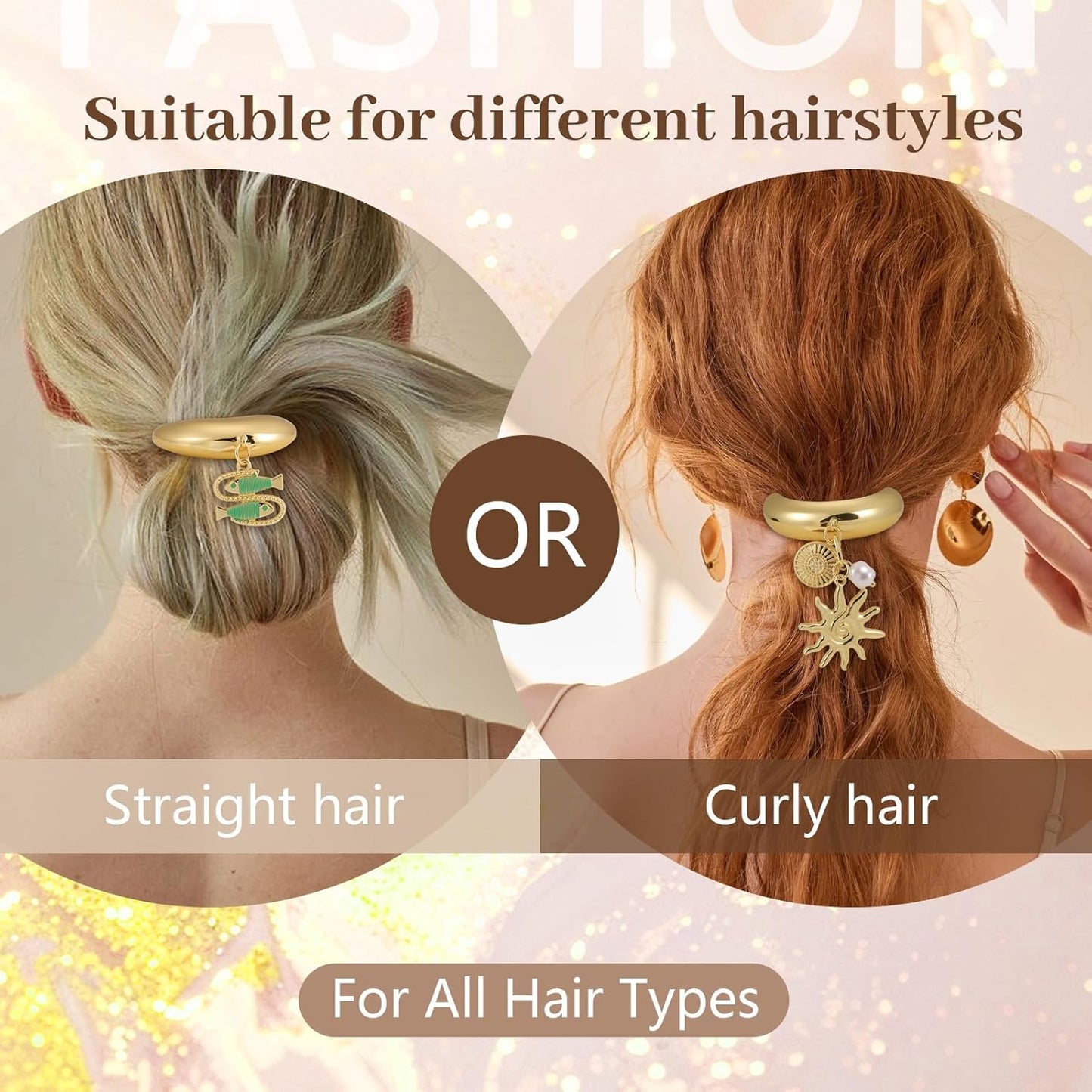 3PCS Gold Hair Ties, Metal Hair Ties for Thick Hair, Elegant Durable Geometric Design, Gold Hair Accessories with Charm Stretchy and Non-Damage Ponytail Cuff Holders, 3 Styles in Box Holiday Gifts