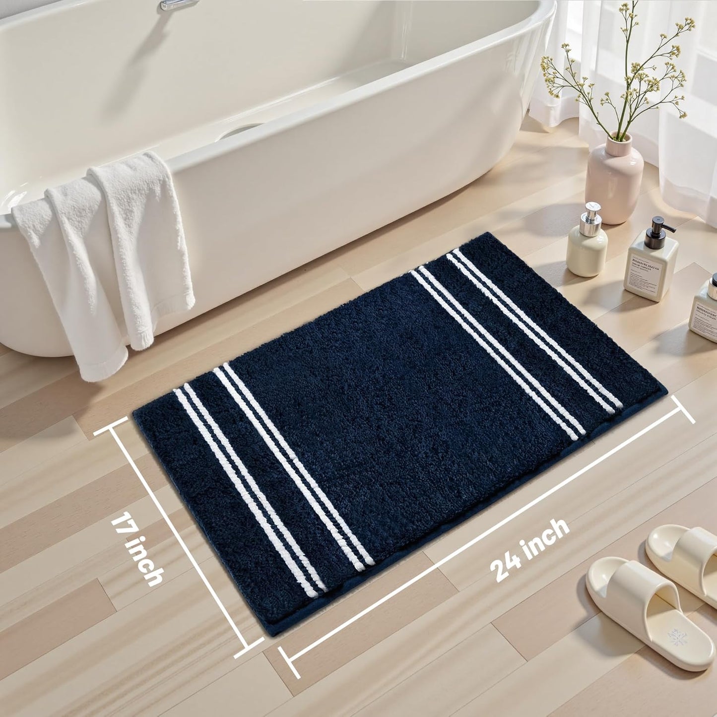 Bathroom Rugs 17x24 Extra Soft Absorbent Bath Mat Chenille Non Slip Shower Mat Rubber Backing Machine Washable Bath Mats for Bathroom Shaggy Blue Bath Rugs for Tub, Hallway