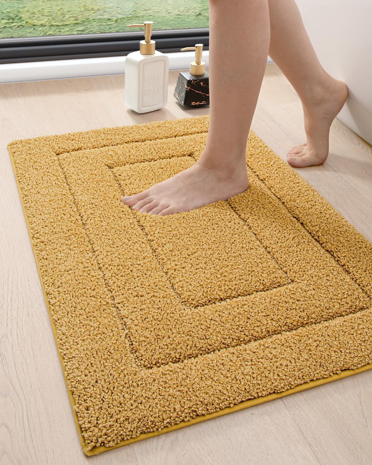 DEXI Bathroom Rug 36x24, Non Slip Washable Bath Mat for Shower Floor, Absorbent Soft Bathmat with Rubber Backing, Quick Dry Microfiber Carpet, Yellow