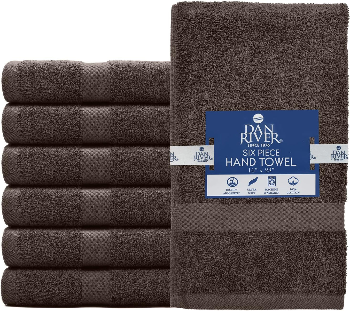 DAN RIVER 6-Pack Premium Hand Towels (16x28 Inches) - 100% Cotton, Ultra Soft, Lightweight, Highly Absorbent Towels for Bathroom, Spa, Gym, Salon, Hotel, and Travel - 550 GSM – Brown