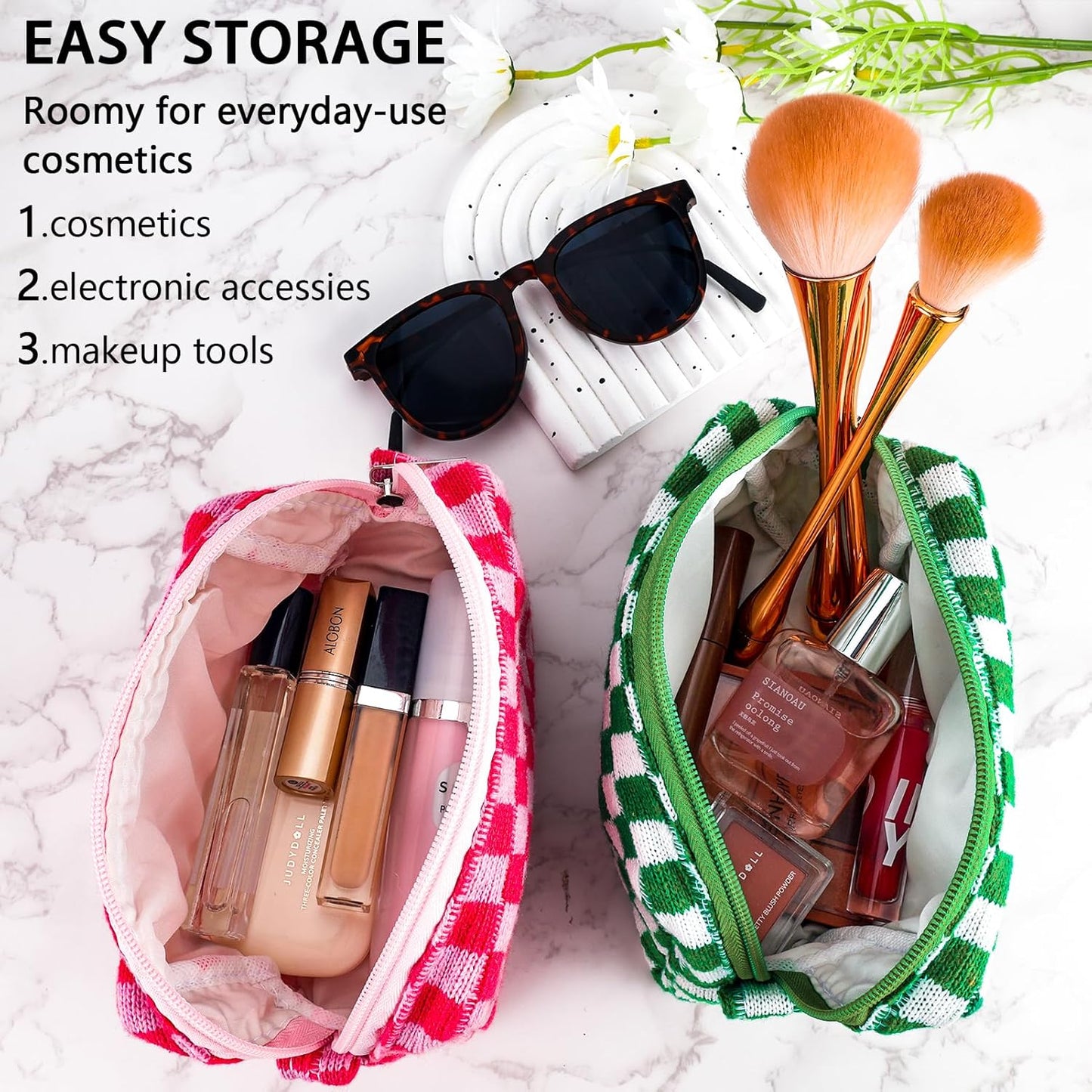 ZLFSRQ 2Pcs Checkered Pencil Case Cute Pencil Pouch for Teens Checkered Makeup Bag Medium Travel Cosmetic Bag Preppy Makeup Pouch for Purse Aesthetic Zipper Toiletry Bags Organizer(Pink/Green)