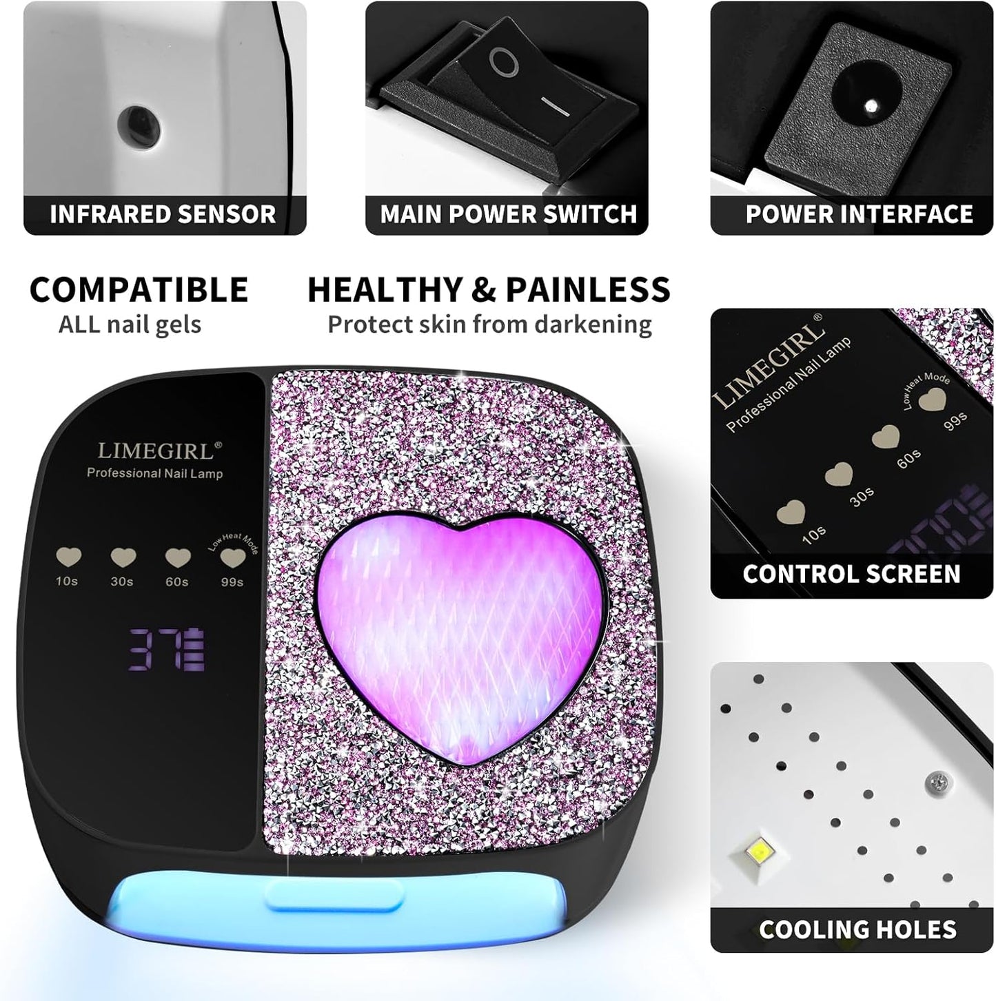 LimeGirl UV LED Nail Lamp Kit for Gel Polish Professional Fast Curing Black Dryer Light Set with 4 Timer Settings Cordless Rechargeable Nail Art Cure Machine for Manicure Pedicure at Home and Salon