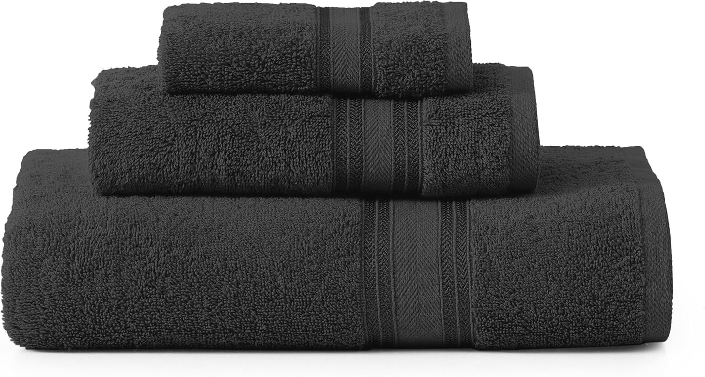 LANE LINEN Luxury Towels Set - 3 Piece Set, 100% Cotton Bathroom Towels, Zero Twist, Quick Dry Shower Towels, Absorbent Bath Towel, Super Soft, 1 Bath Towel, 1 Hand Towel, 1 Wash Cloths - Black