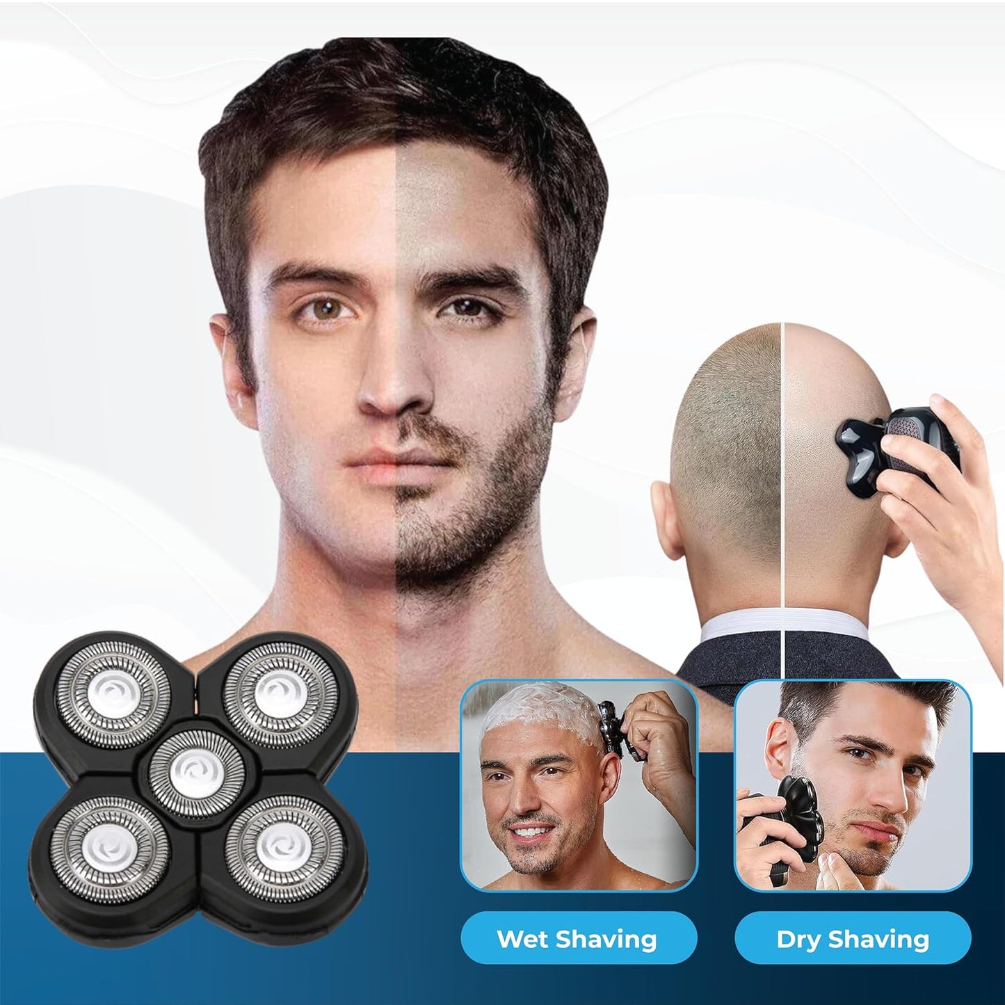 2 Pack Shaver Replacement Blades Compatible with Freedom Head Electric Razor Shaving, 5 Blades Shaver Replacement Heads for Head Shavers for Bald Men, Replacement Blades for Head Shaver Kit, 2 Brush