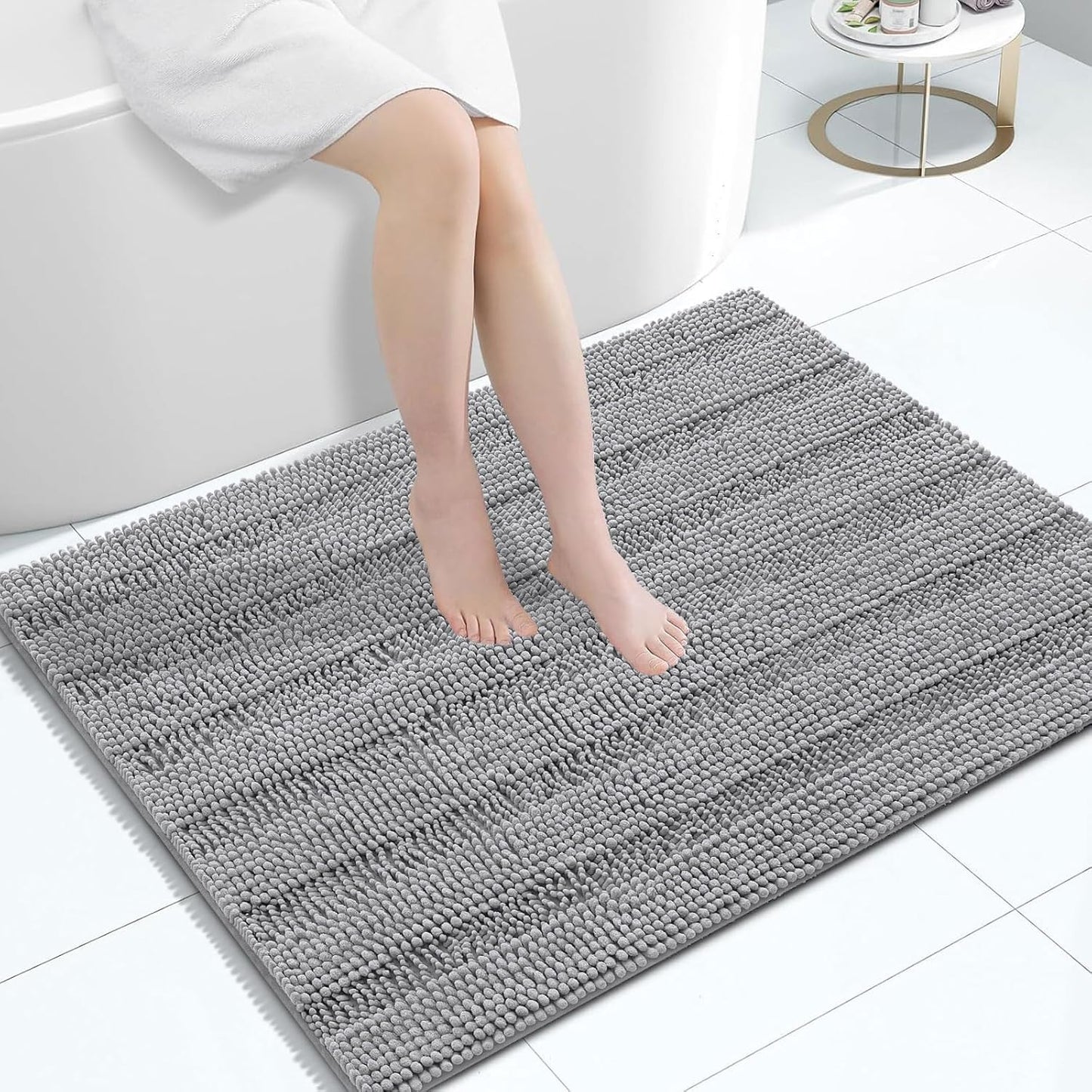 Grandaily Chenille Striped Bathroom Rugs 40x32, Extra Thick and Absorbent Bath Mats, Non-Slip Soft Plush Shaggy Shower Carpet, Machine Wash Dry, Bath Rug for Bathroom, Dark Gray