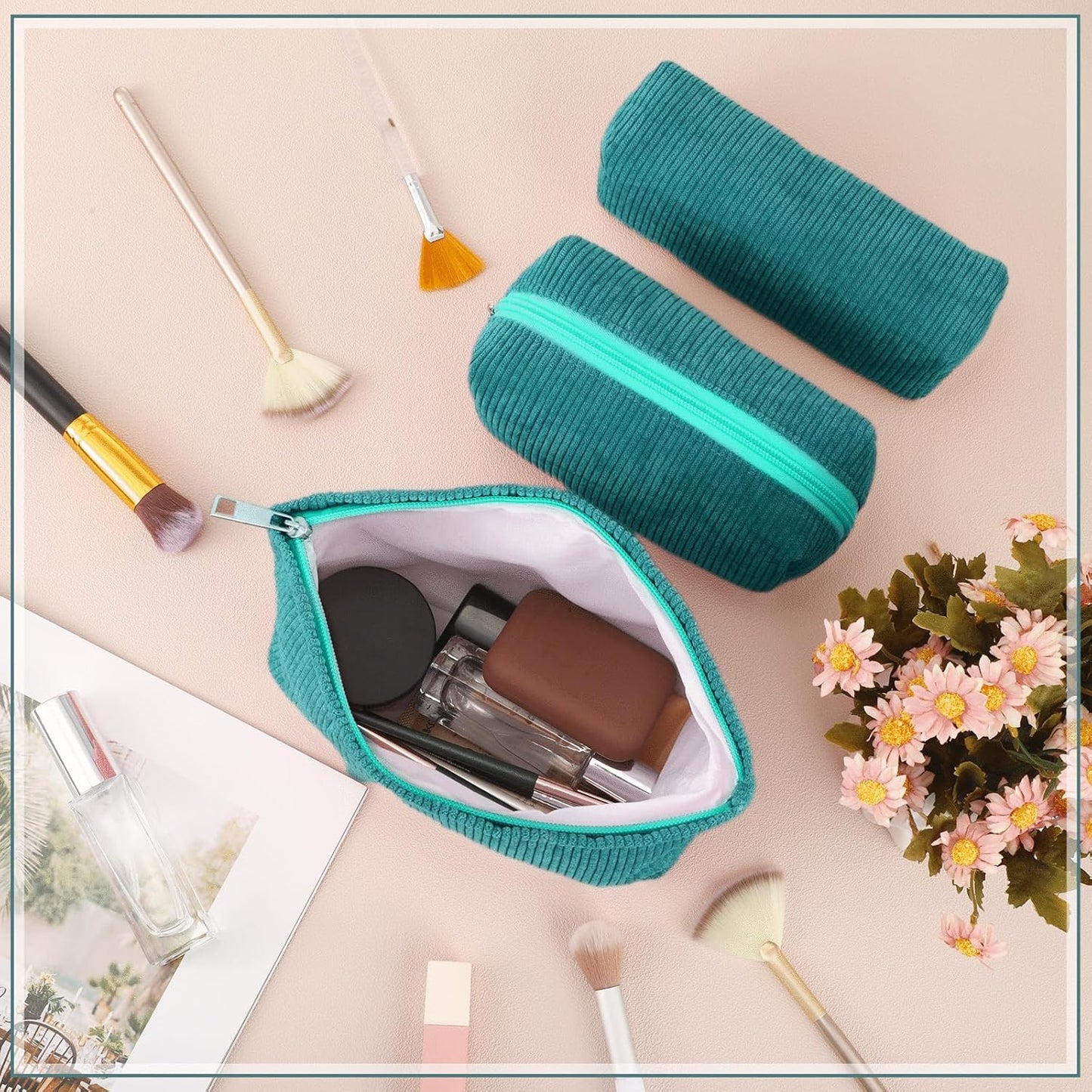 3 Pcs Makeup Bag Set for Women Corduroy Cosmetic Pouch Aesthetic Smile Travel Toiletry Bag Cute Purse Pouch Pencil Case Makeup Brushes Storage Organizer for Christmas(Dark Green,Solid Style)