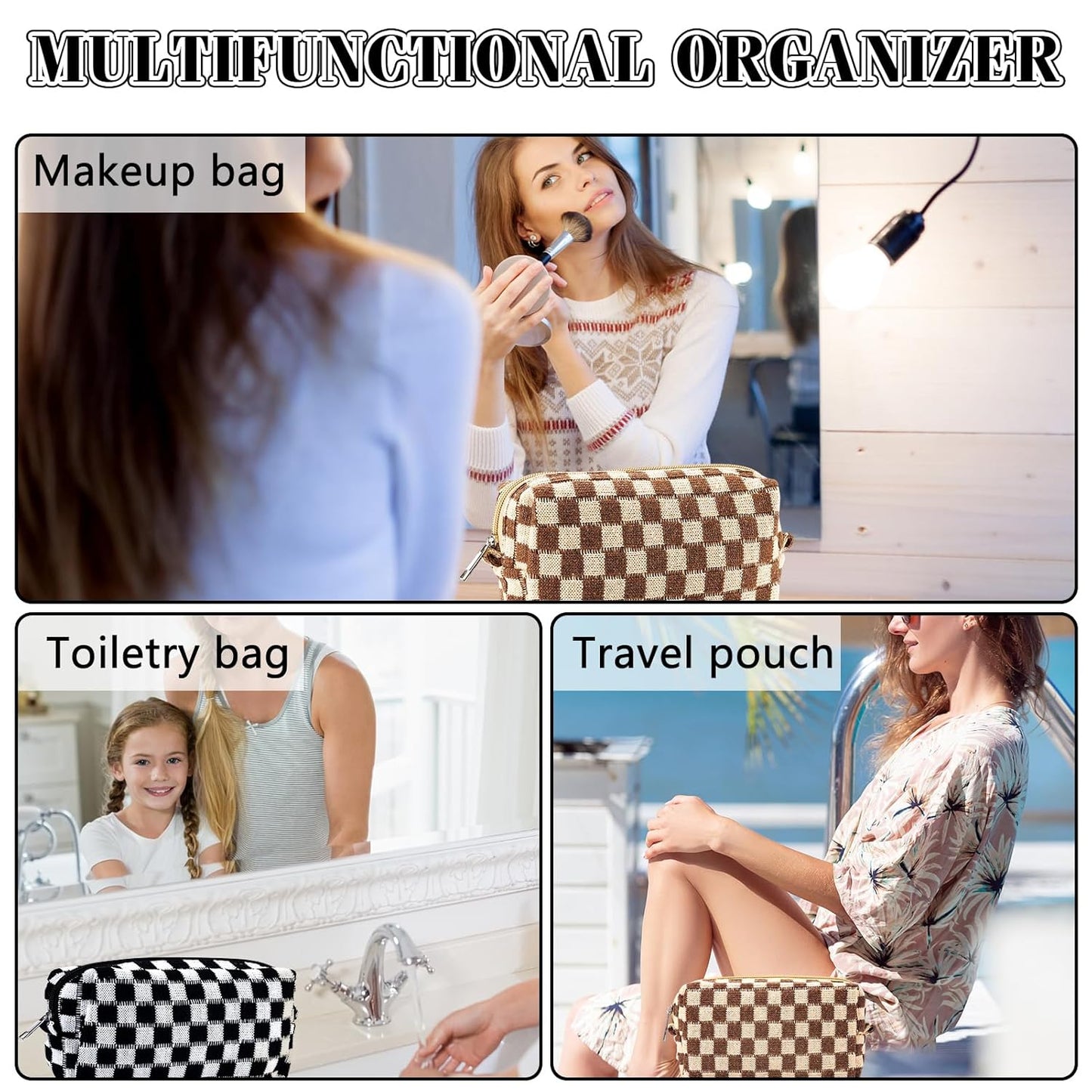 ZLFSRQ 2Pcs Checkered Pencil Case Cute Pencil Pouch for Teens Checkered Makeup Bag Medium Travel Cosmetic Bag Preppy Makeup Pouch for Purse Aesthetic Zipper Toiletry Bags Organizer(Black/Brown)