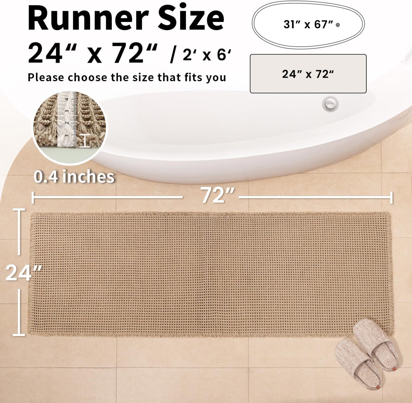 Waffle Runner Bath Mat - Long Boho Bathroom Rugs Non Slip Washable, Super Absorbent & Quick Dry, Soft Bath Mat Farmhouse Bathroom Decor, 24'' x 72'', Khaki