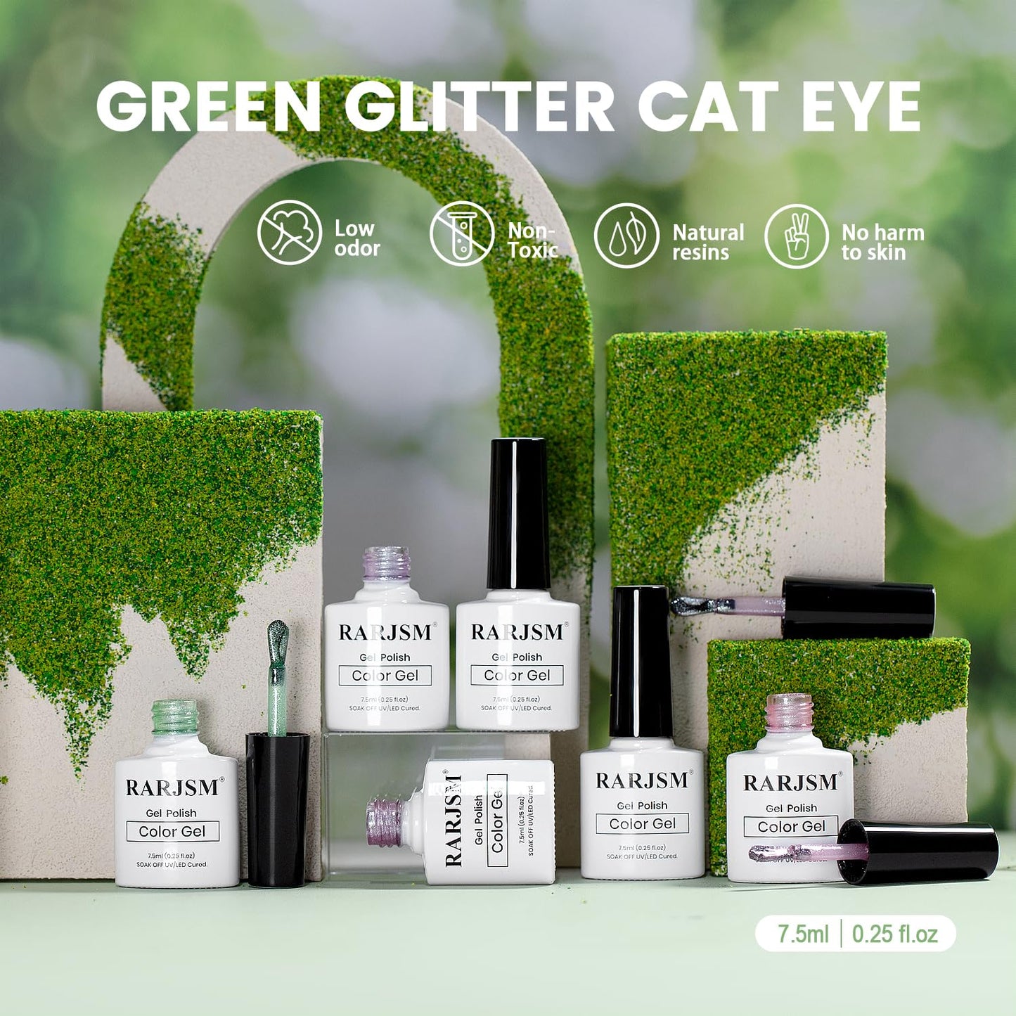 RARJSM Green Cat Eye Gel Nail Polish Set 6pcs Reflective Sparkly Diamond Glitter Nude Pink Blue Purple Clear Glass Cateye Gelpolish with Magnet Stick 7.5ml Curing Requires Soak Off for Home Salon