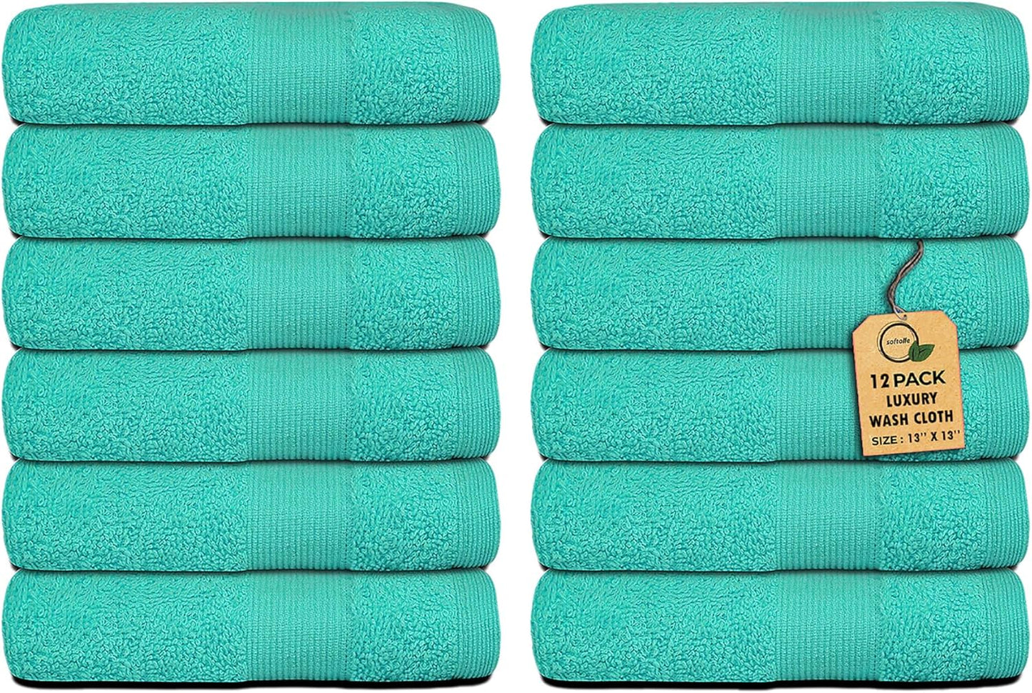 Premium Wash Cloths Pack of 12 (13" x 13") 100% Ring Spun Cotton | Luxury Washcloths | Ultra Soft Face Towels | Highly Absorbent Wash Cloths for face (Turquoise)