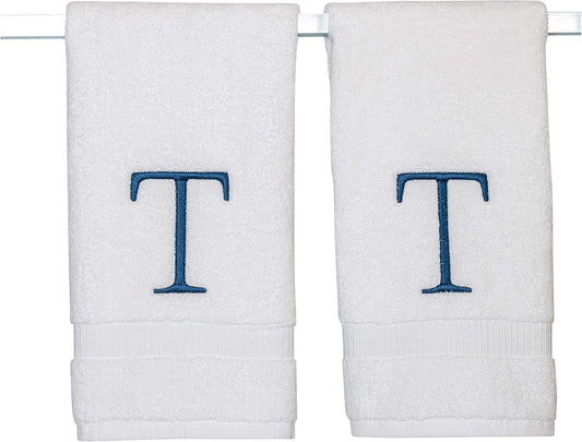 Monogrammed Hand Towels for Bathroom - Luxury Hotel Quality Personalized Initial Decorative Embroidered Bath Towel for Powder Room, Spa - GOTS Organic Certified - Set of 2 Navy Letter T