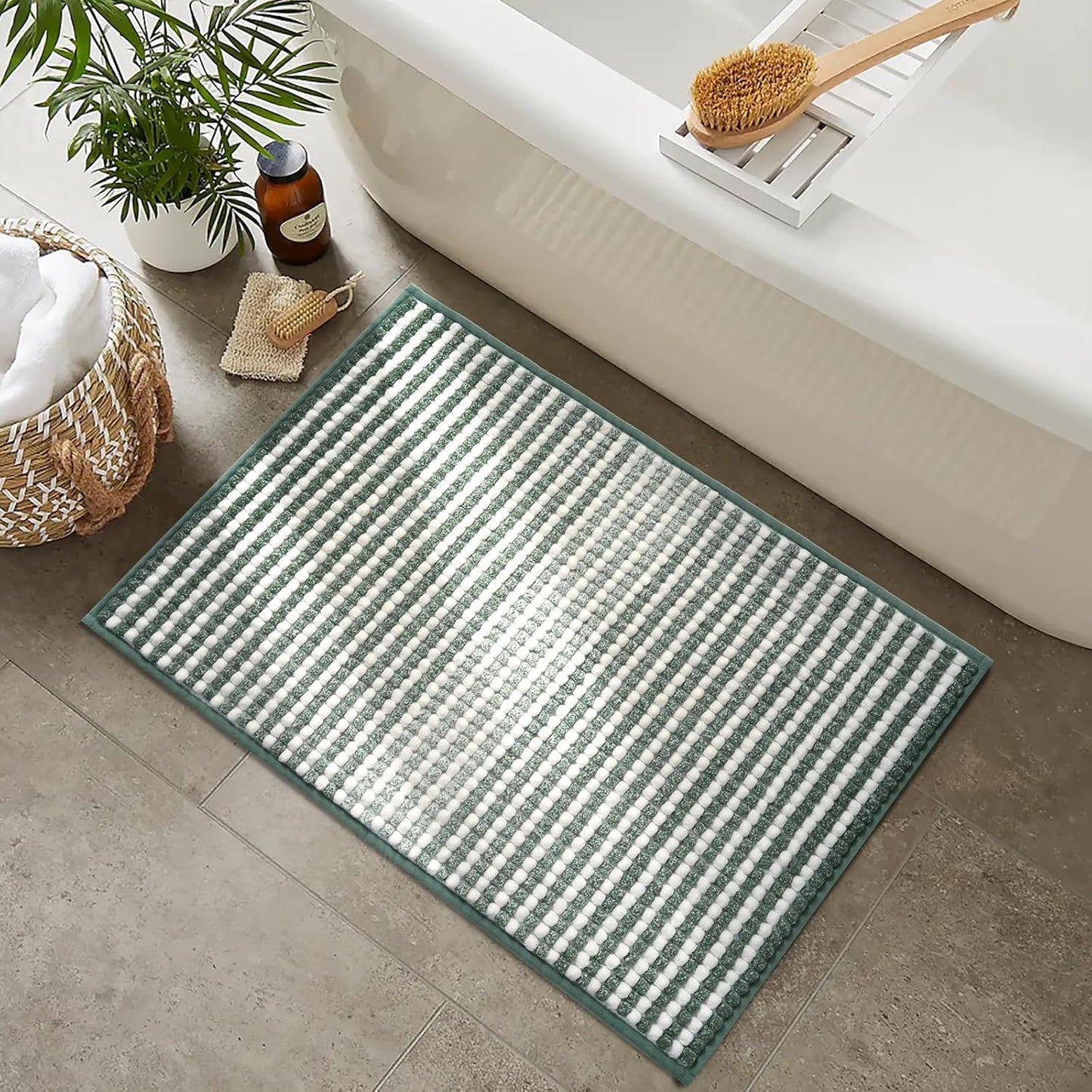 FRESHMINT Chunky Ombre Chenille Bathroom Rug 24"x36", Large Water Absorbent Soft Bath Rugs for Bathroom Floor, Thick Non Slip Bath Mat Washable Quick Dry Shower Mats, Sage Green and White