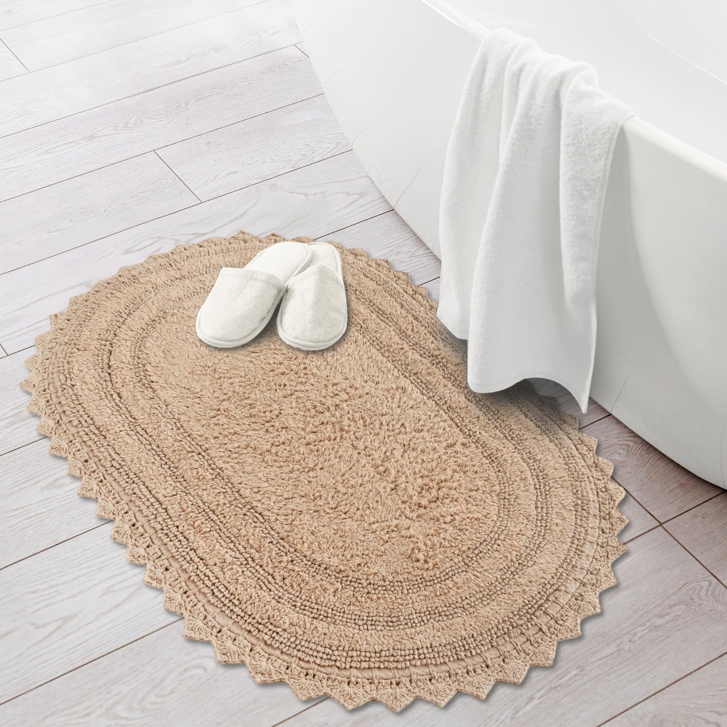 RAJRANG Sand Bathroom Rug with Crochet Pattern Soft Absorbent Reversible Boho Cotton Bath Mat Warm Sand Oval 34x21 Inches