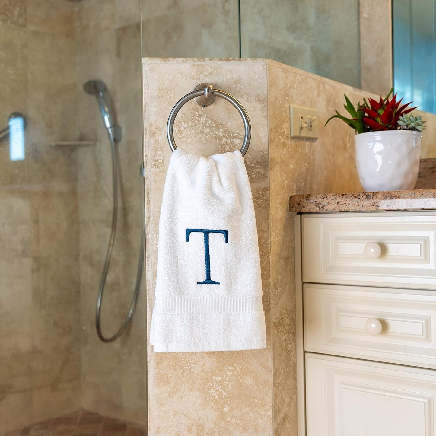Monogrammed Hand Towels for Bathroom - Luxury Hotel Quality Personalized Initial Decorative Embroidered Bath Towel for Powder Room, Spa - GOTS Organic Certified - Set of 2 Navy Letter T