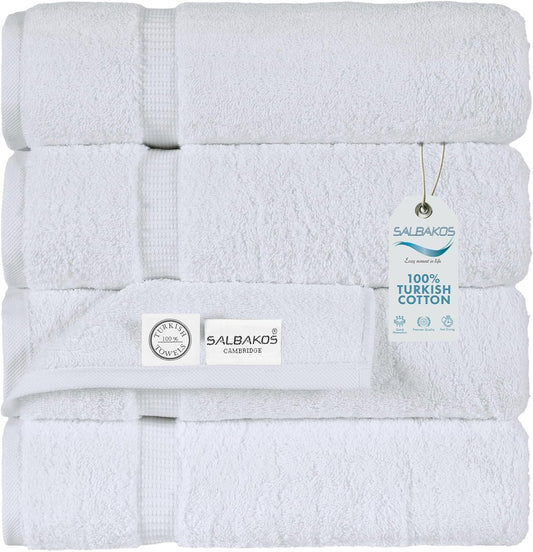 SALBAKOS 100% Turkish Cotton Bath Towel Set of 4 27x54 inch | Heirloom Quality | Hotel & Spa Collection | Ultra Soft, Super Absorbent, Long Lasting Bath Towels | Made in Turkey (White, 4 Bath Towels)