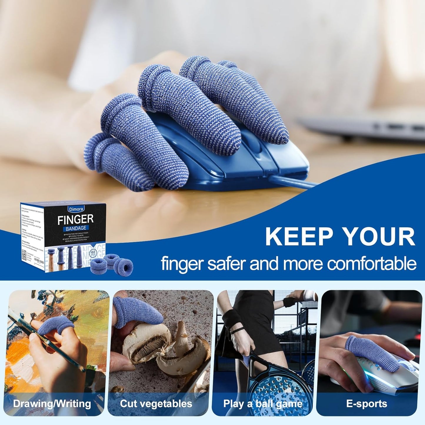 Dimora Finger Cots, Pack of 60 (Medium Size) Finger Protectors, Breathable Bandages for Wound Care, Stretchy Sleeves for Gardening, Fitness and Cargo Handling, Blue
