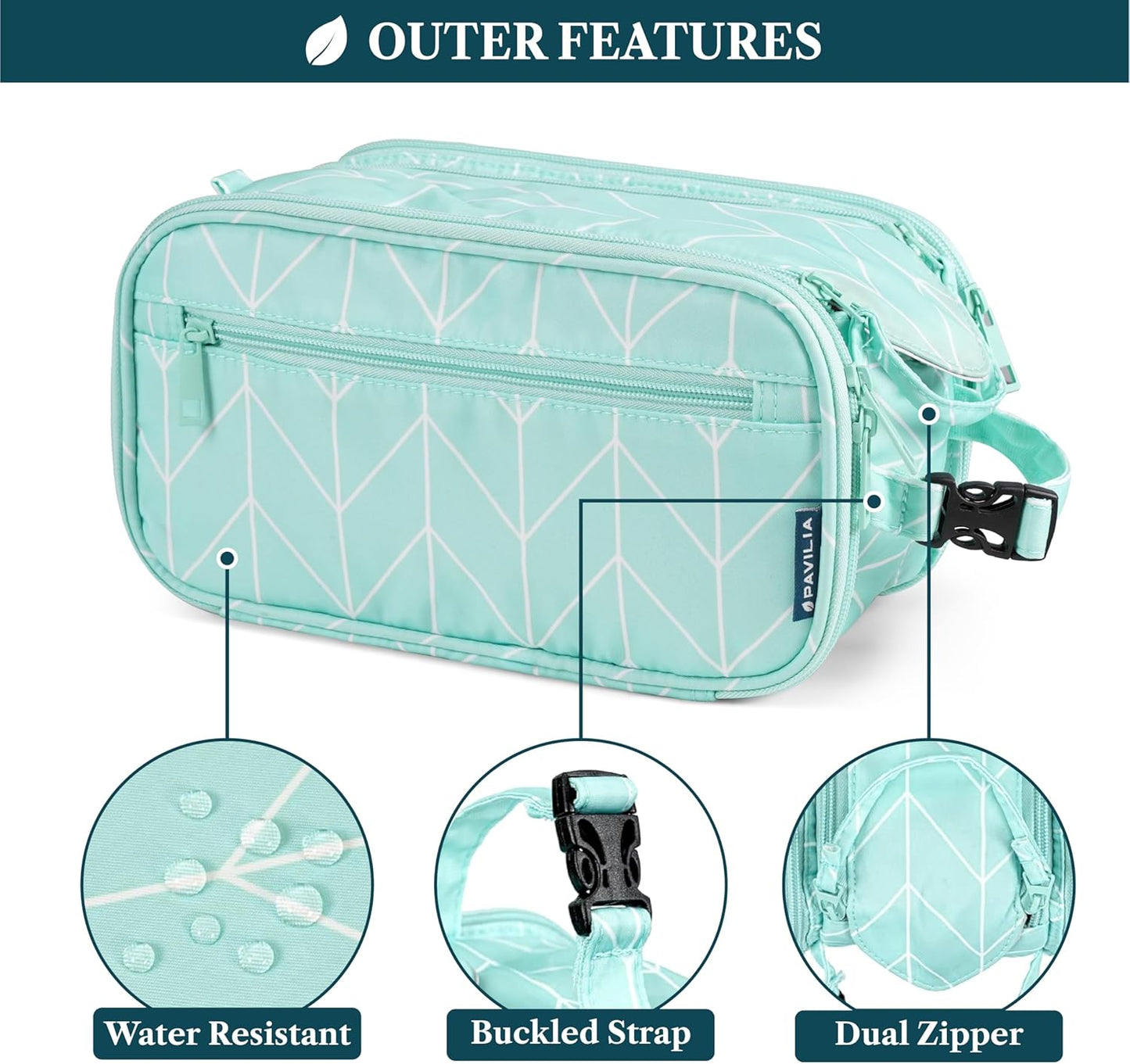 PAVILIA Large Toiletry Bag for Men Women, Mens Travel Bag Toiletries Organizer Case for Grooming, Travel Essentials Shaving Dopp Kit, PU Leather Water Resistant Cosmetic Pouch, Teal Chevron