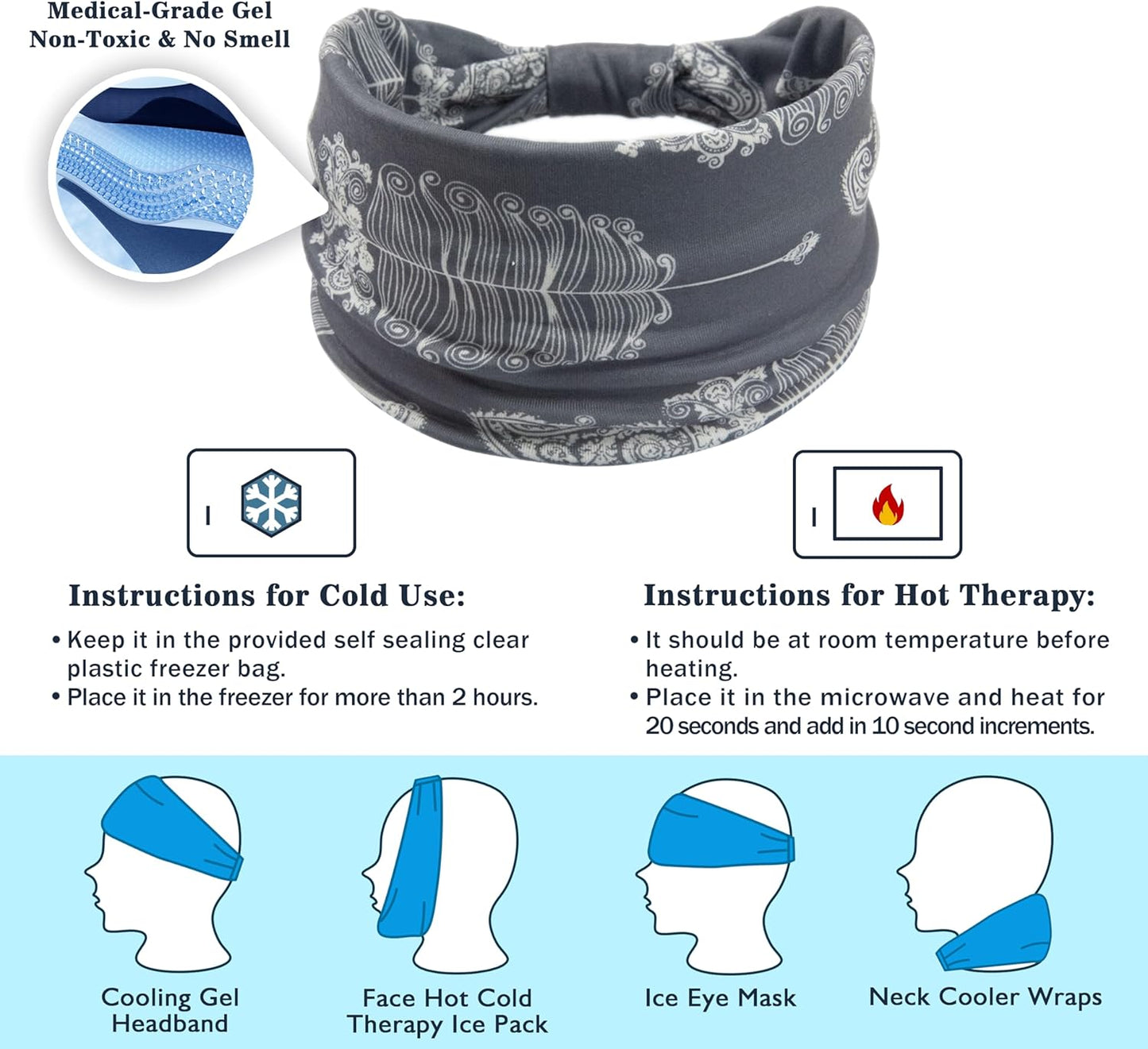 Crimmy Migraine Headache Relief Cap, Cooling Gel Headband Neck Wrap Hat Mask, Soothing Ice Pack Head Face Cold Compress for Tension Stress & Hangover
