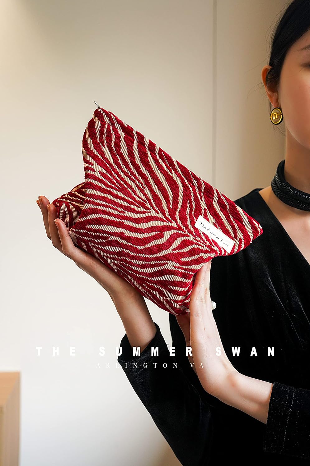 The Summer Swan | Large Aesthetic Floral Mid-day Clutch Period Kit Hygiene Skincare Cute Makeup Bag (Velvet Zebra Print Red)