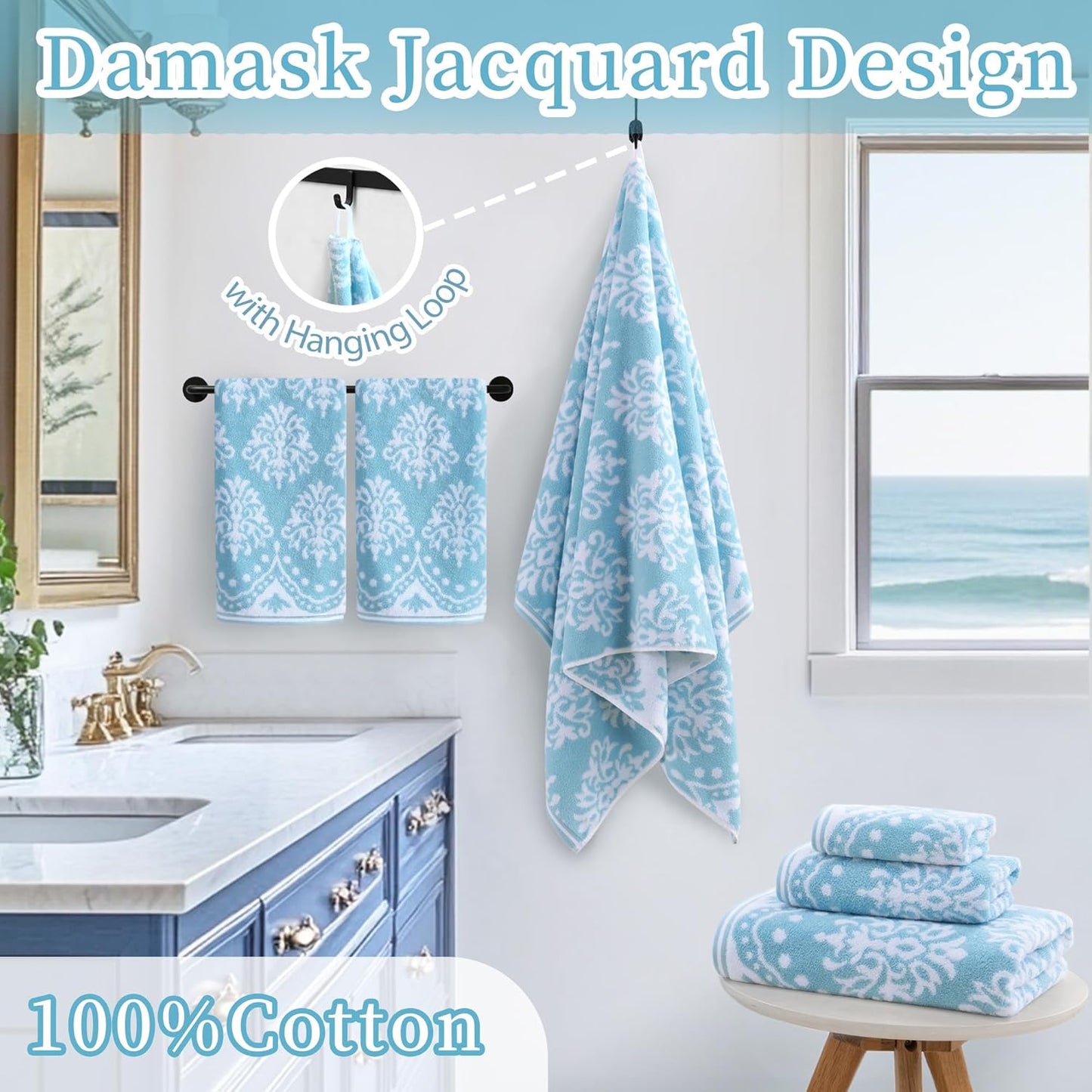 Cotton Wash Cloths for Showering (6PC, 13"x13") - Quick Dry | Thick | Absorbent, Soft Face Towels for Bathroom, Damask Jacquard Washcloth Set, Bathroom Decor & Home Essentials, Aqua and White