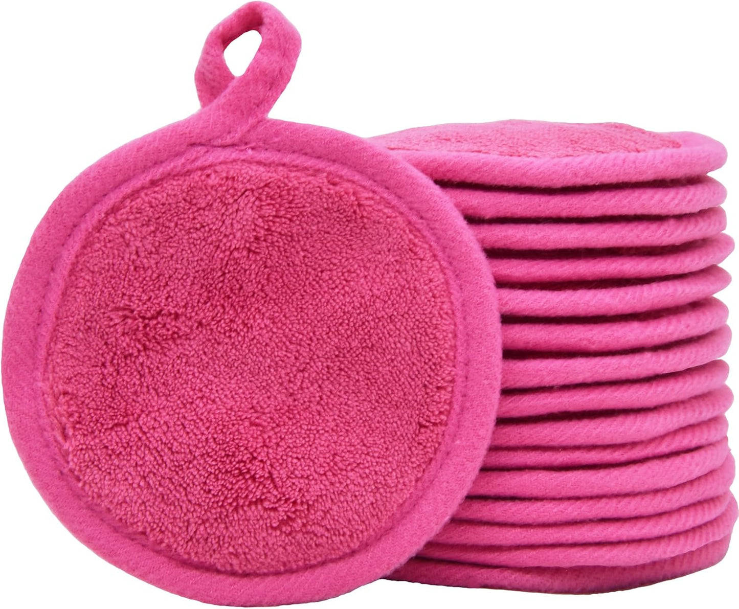 Reusable Makeup Remover Pads 16 Pack Microfiber Cleansing Facial Rounds Wipes Face, Eyes, Lips（3.5inch, dark pink）