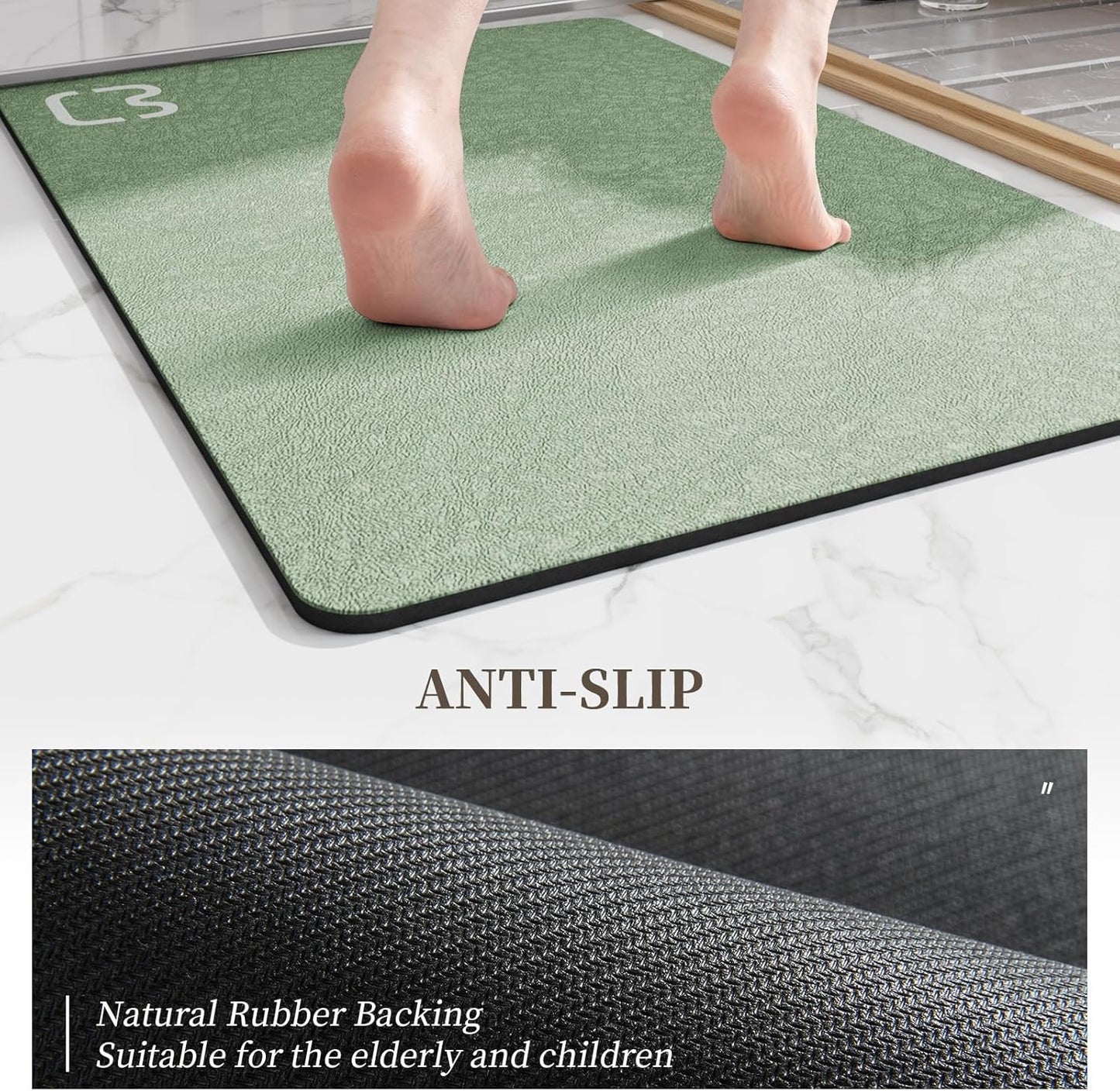 Diatomaceous Earth Bath Mat Rugs Quick Dry Super Absorbent Non Slip Rubber BottomThin Bathroom Mat Fit Under Door, Floor Rugs in Front of Bathtub,Shower Room,Sink,Washable, 17" x 32", Sage Green