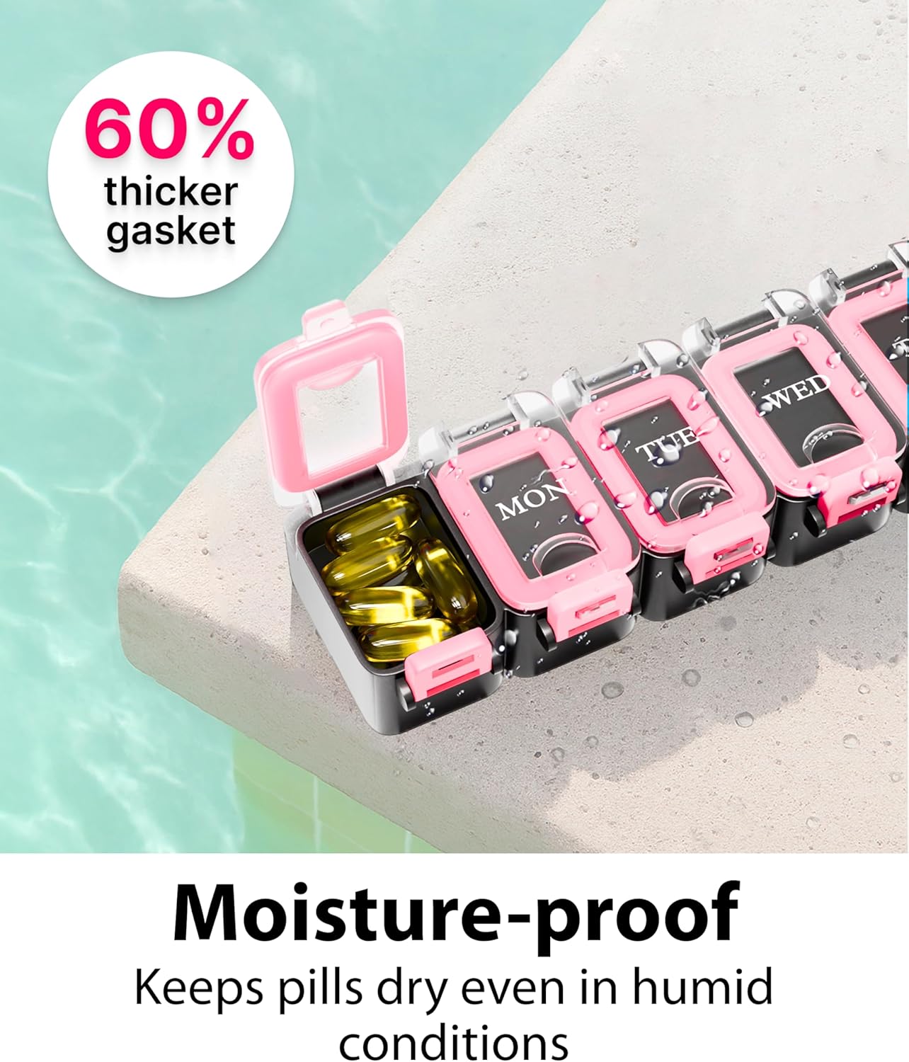 Weekly Pill Organizer 1 time a Day – Pill Box 7 Day with Enhanced Waterproof Seal, Large compartments Hold Big Vitamins & Supplements, Upgraded Locking lids, for Home & Travel use, Durable Hard case