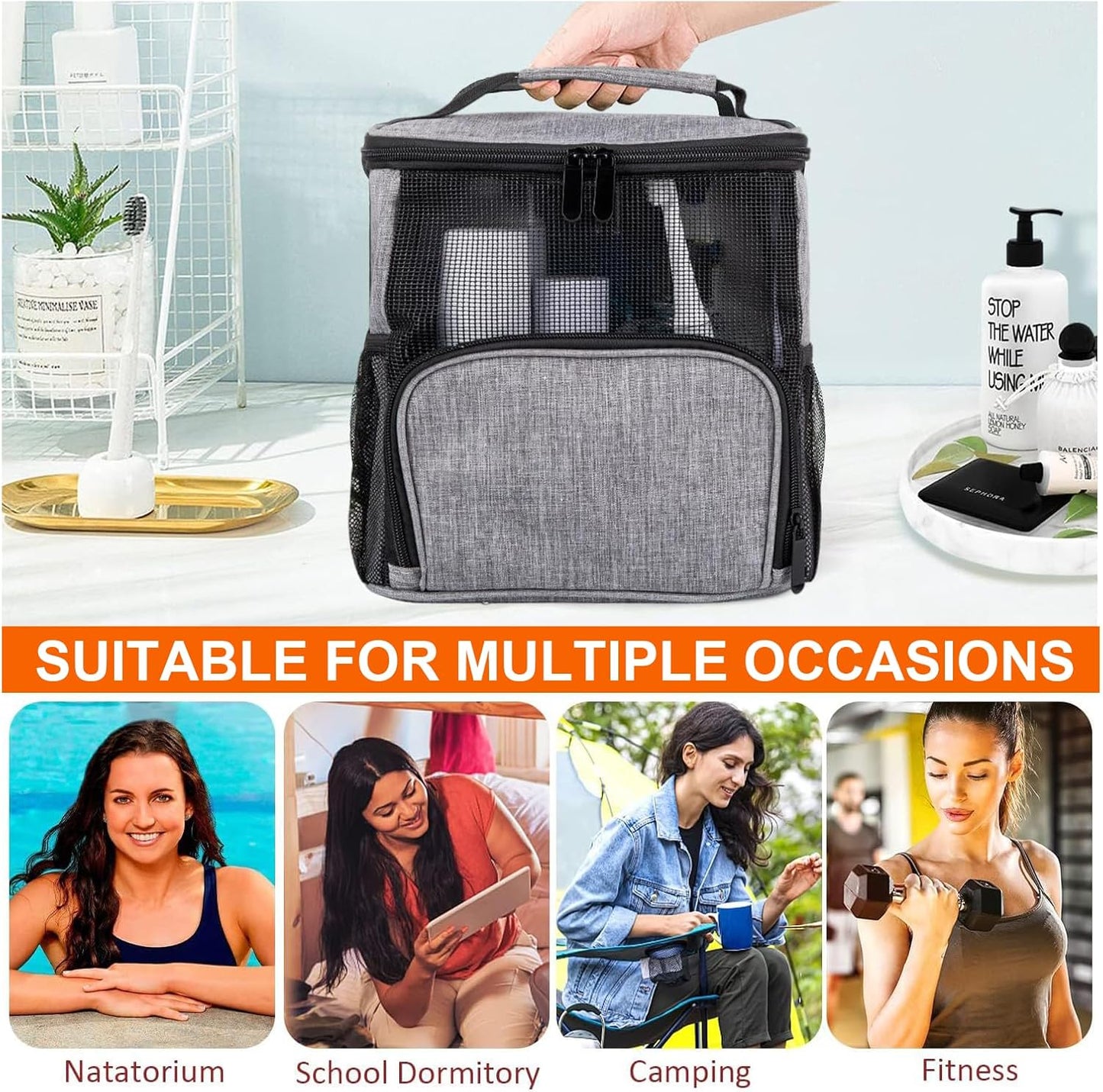 Shower Caddy Hanging Portable-Dorm Room Essentials,Waterproof Shower Bag Travel, Quick Dry- Metal Hooks Bathroom Tote Durable,Men,Women