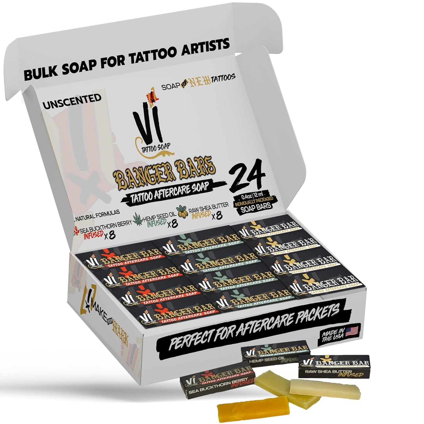 Banger Bars Tattoo Aftercare Bulk Soap – 24 Count | Individually Packaged 0.4oz Bars for Artists, Studios & Shops | Unscented Gentle Cleansing Formula, Wholesale Supplies Variety Pack