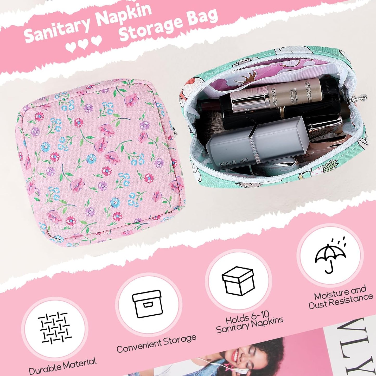 Desing Wish Sanitary Pad Storage Bag Portable Period Bag for Teen Pads/Sanitary Napkins/Small Tampons, Sanitary Napkin Storage Bag First Period Gifts for Teen Girls (Pink-White Checker)