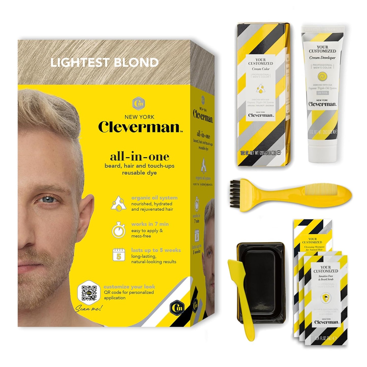 CLEVERMAN Lightest Blond Hair & Beard Dye for Men, All-in-One Reusable Kit - Men's Color For Natural-Looking Gray Coverage, Professional-Quality and Ammonia-Free
