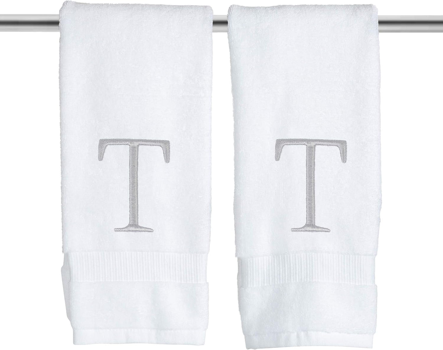 Monogrammed Hand Towels for Bathroom - Luxury Hotel Quality Personalized Initial Decorative Embroidered Bath Towel for Powder Room, Spa - GOTS Organic Certified - Set of 2 Letter T