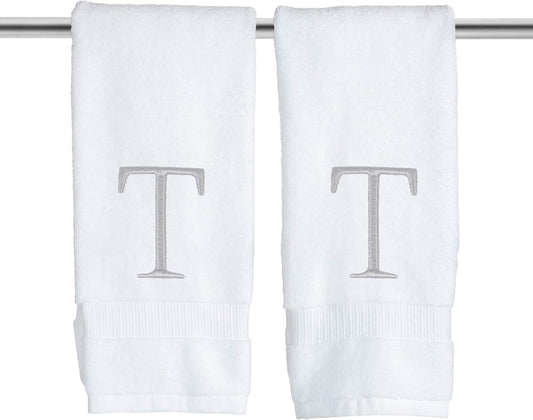 Monogrammed Hand Towels for Bathroom - Luxury Hotel Quality Personalized Initial Decorative Embroidered Bath Towel for Powder Room, Spa - GOTS Organic Certified - Set of 2 Letter T