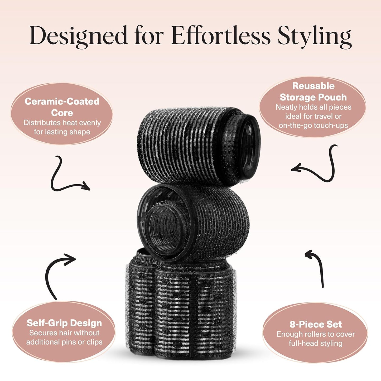 Kitsch Ceramic Thermal Hair Rollers for Women – Self Grip Hair Curlers for Heatless Curls Overnight - Volumizing Large Rollers for Short & Long Hair - For Long Lasting Frizz-Free Curls - Black, 8pcs