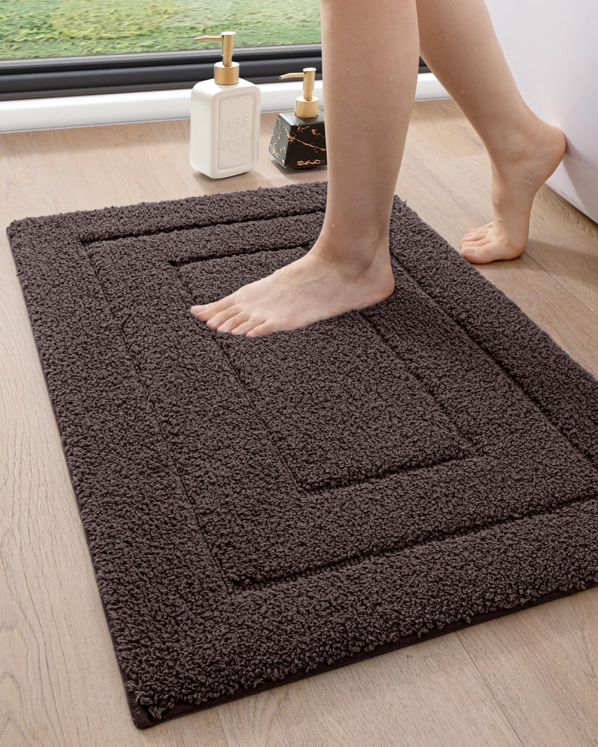 DEXI Bathroom Rug 36x24, Non Slip Washable Bath Mat for Shower Floor, Absorbent Soft Bathmat with Rubber Backing, Quick Dry Microfiber Carpet, Brown