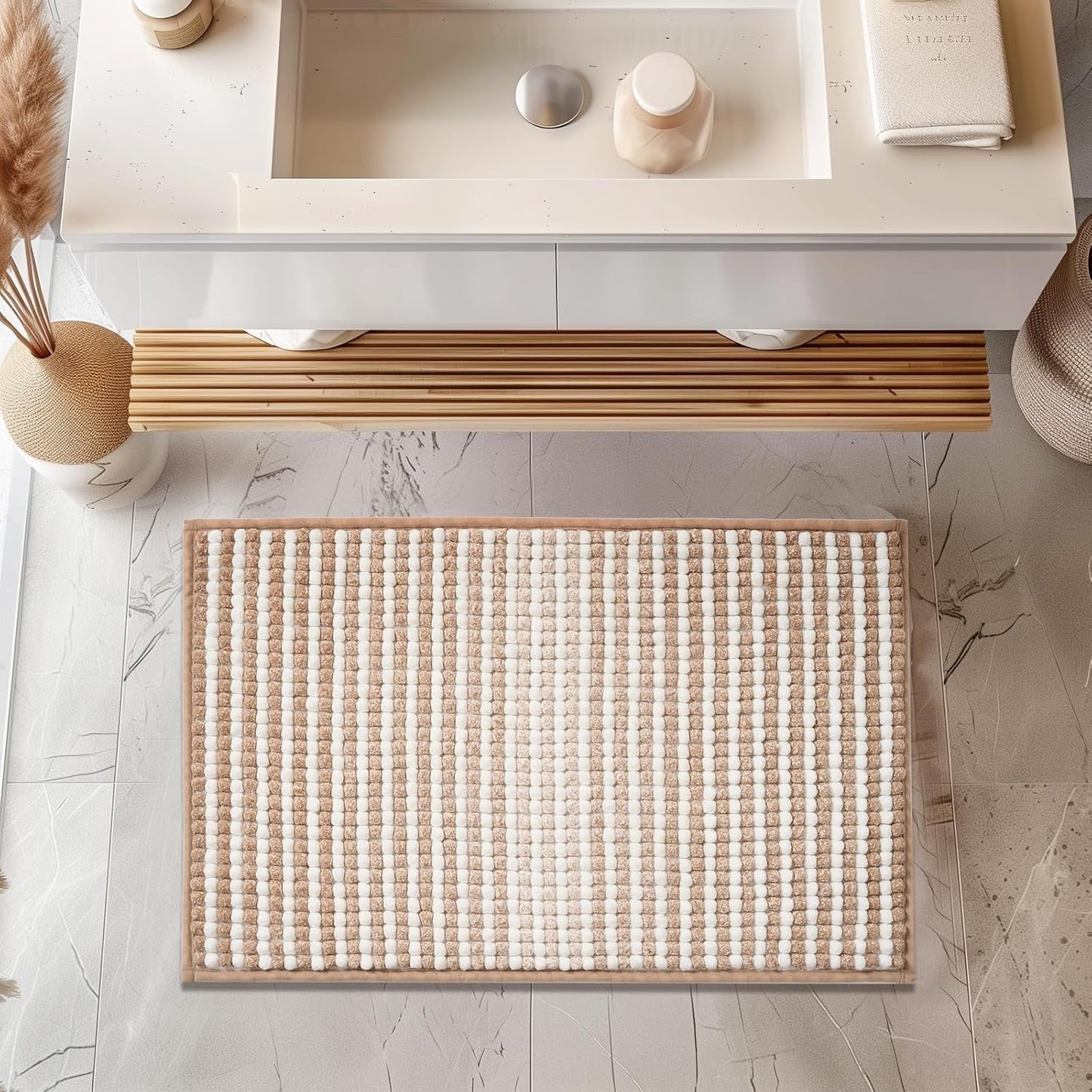 FRESHMINT Chunky Ombre Chenille Bathroom Rug 20"x32", Water Absorbent Soft Bath Rugs for Bathroom Floor, Thick Non Slip Bath Mat Washable Quick Dry Shower Mats, Beige and White