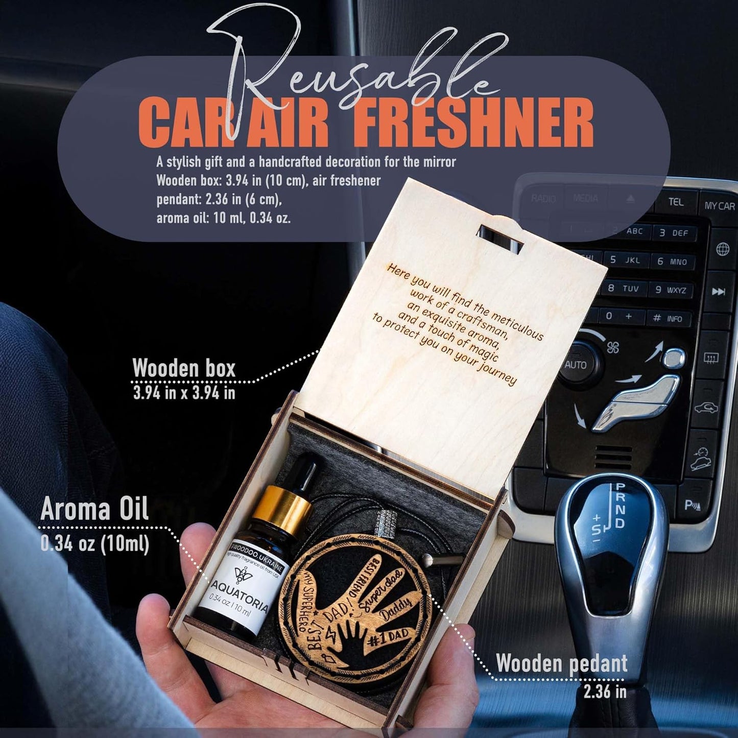 Wood Car Air Freshener — Handcrafted Air Freshener — Father’s Hands Fragrance Oil Diffuser in Wooden Gift Box — Father’s Day Gift Set for Car with diAquatoria Fragrance Oil - 10 ml
