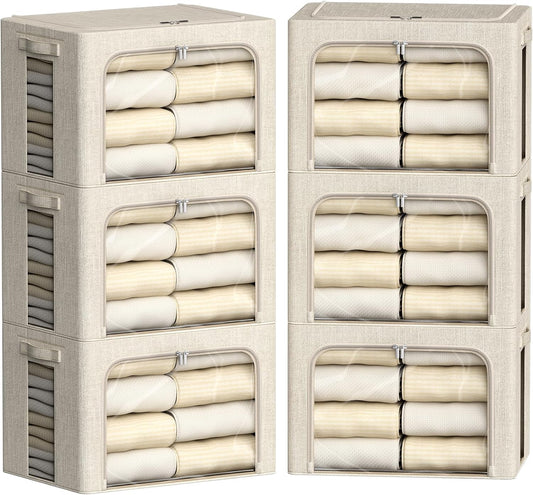 FHSQX 6 Pack Clothes Storage Bins with Metal Frame Foldable Storage Bins for Clothes Linen Fabric Storage Box with Clear Window (Beige, 19.7x15.7x13inch(66L))