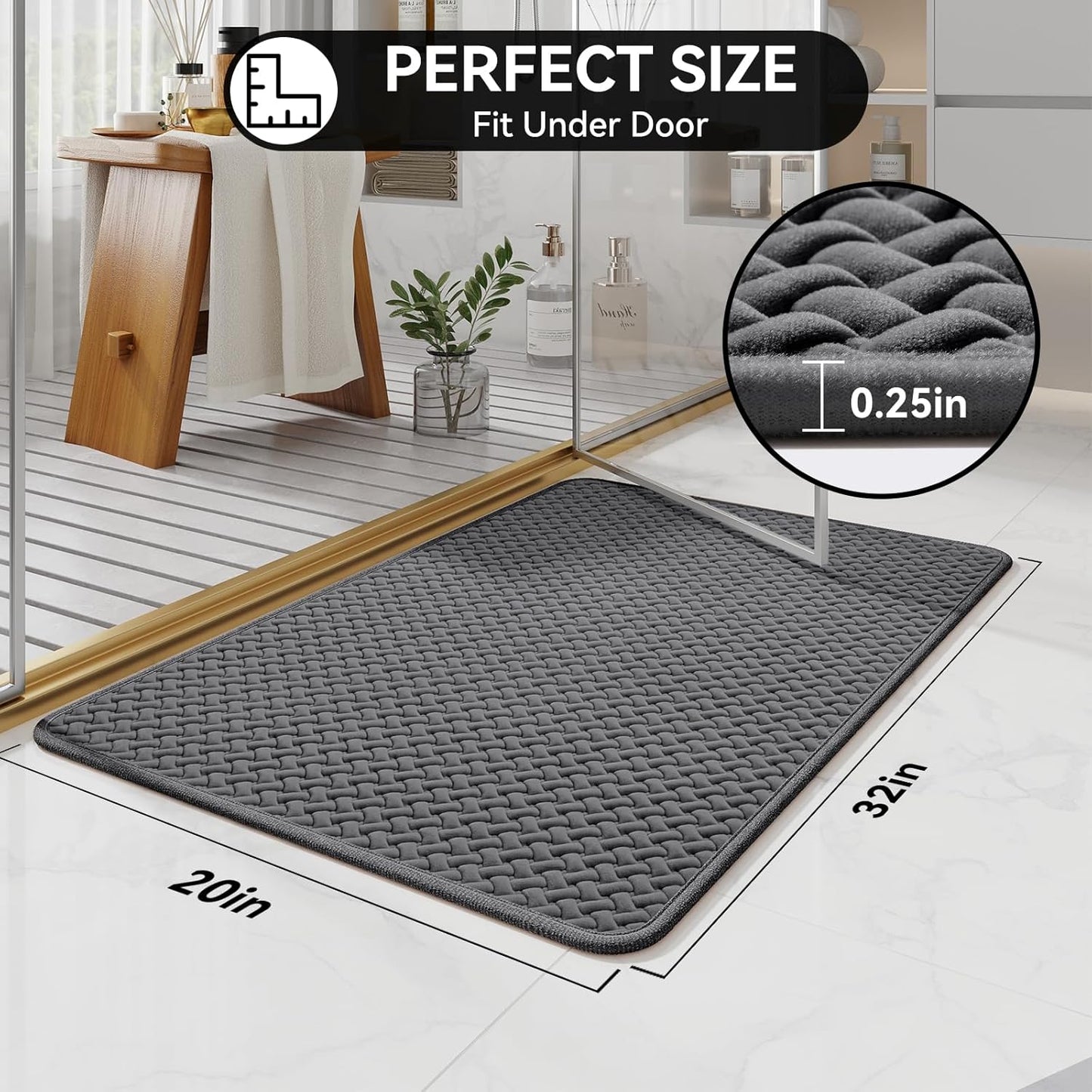 Bathroom Rugs Non Slip, Super Absorbent Quick Dry Bath Mat, Foam Weave Texture Rubber Backing Ultra Thin Bathroom Mats Fit Under Door Bathroom Floor Bathtub Shower