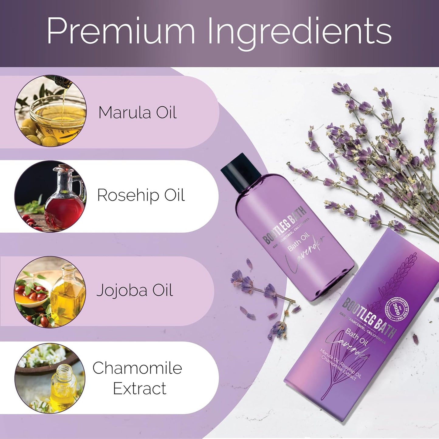Lavender Bath Oil with Marula, Rosehip, and Jojoba Oils, Chamomile Extract, and 100% Pure Natural Essential Oil, Great Mother's Day Gift, 4oz, for Men and Women, Made in USA