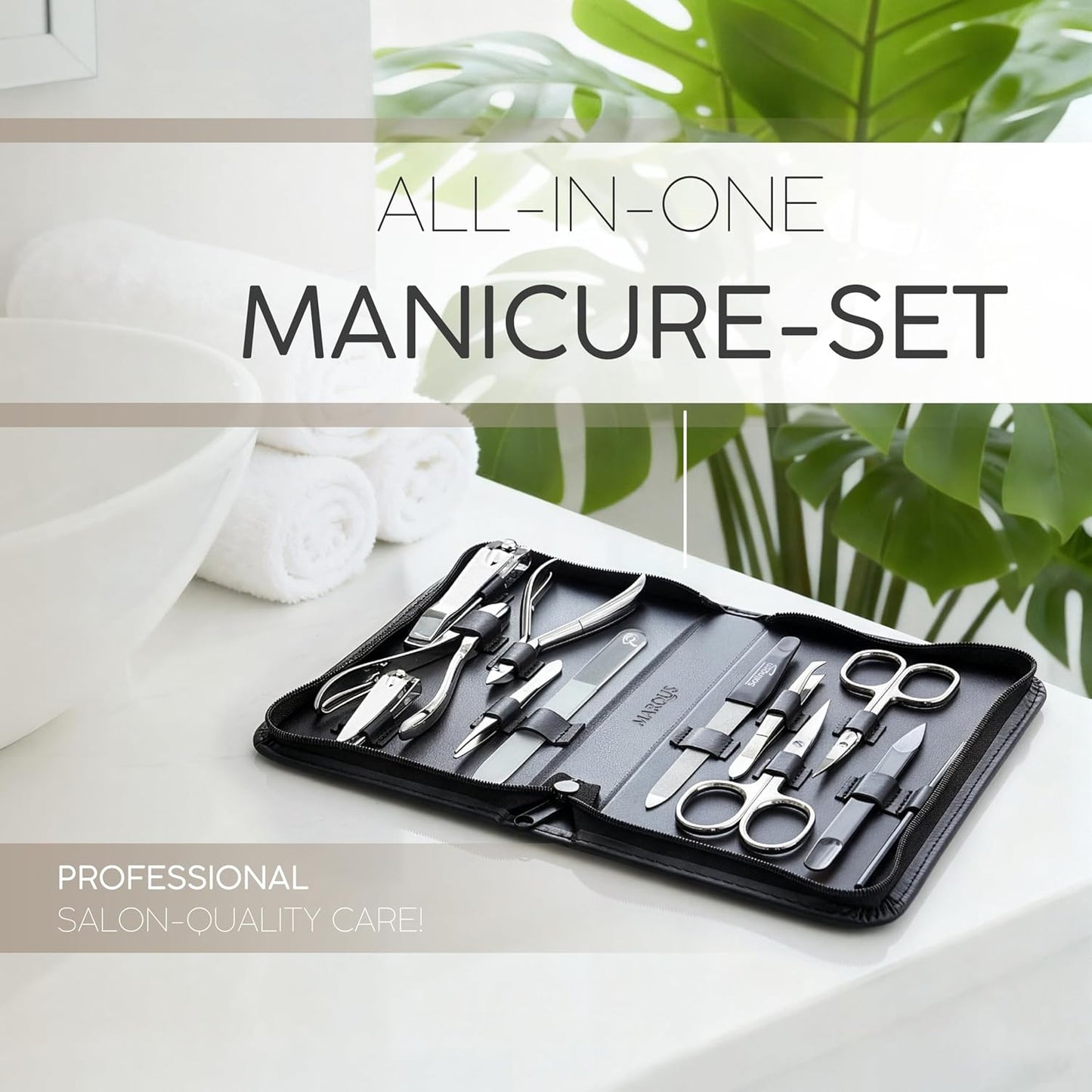 Manicure Set Women and Men – 12-Piece Professional Grooming Kit with Premium Tools, Genuine Leather Case, and Exclusive Glass Nail File for Hand & Foot Care, German Quality