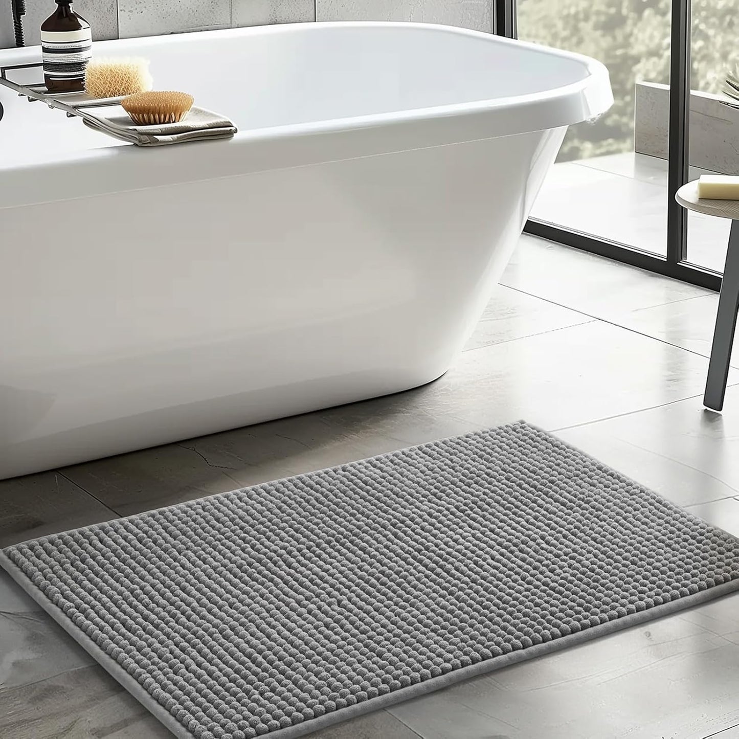 FRESHMINT Thick Chunky Chenille Bathroom Rug, 24"x36", Non Slip Bath Mat, Soft Bathroom Decor, Cute Shower Mat, Water Absorbent, Washable, Dove Gray