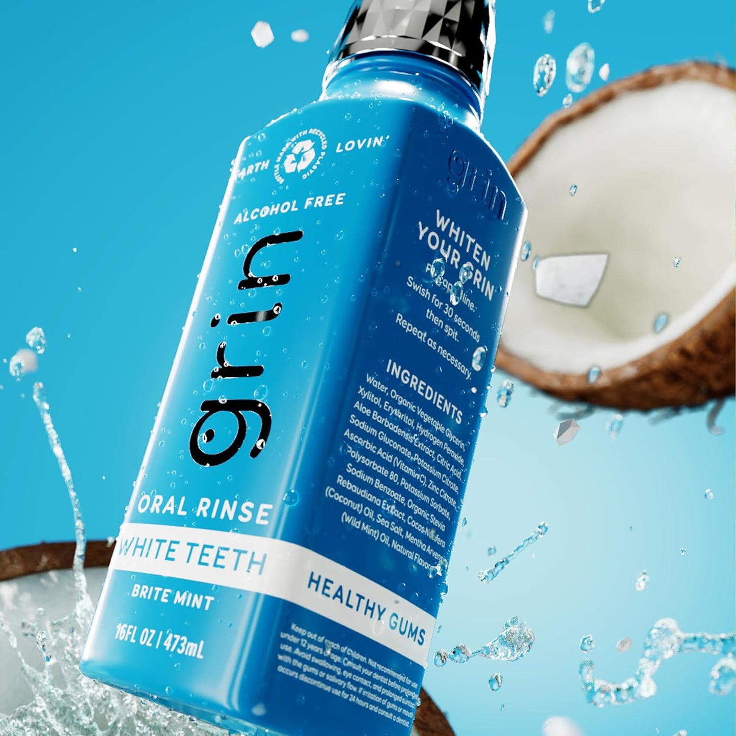 Grin White Teeth Oral Rinse, 16 Fl Oz, Fresh Breath Mouthwash, Brite Mint Flavored, Alcohol-Free