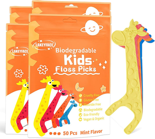200 Count Biodegradable Kids Flossers, Eco-Friendly Plant-Based Floss Picks, No Fluoride BPA Free Cute Giraffe Dental Picks, No Plastics, Vegan Natural Floss, Mild Mint