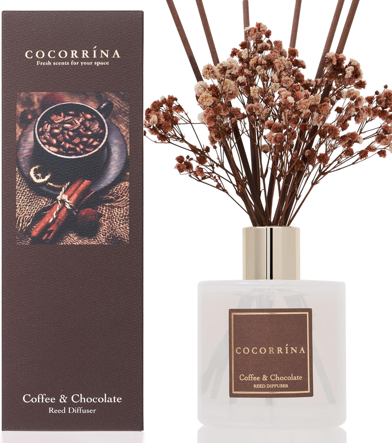 Cocorrína Reed Diffuser Sets - Coffee & Chocolate Scented Diffuser with Sticks Home Fragrance Reed Diffuser for Bathroom Shelf Decor