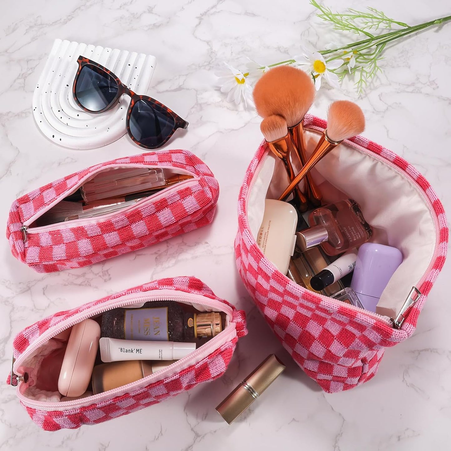 ZLFSRQ 3Pcs Makeup Bag Checkered Cosmetic Bag Set Travel Toiletry Bags for Purse Large Small Makeup Pouch for Women Cute Preppy Pencil Pouch Case Pink Zipper Skincare Bags