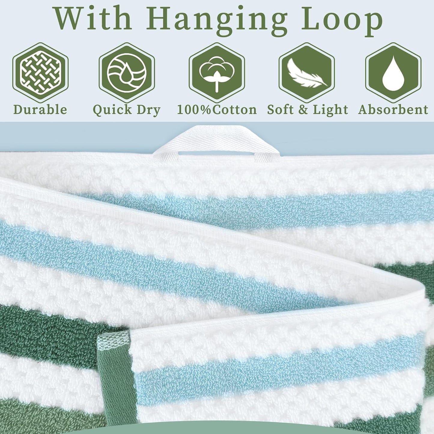 Green and White Towels - 100% Cotton | Quick Dry | Soft | Absorbent, Bath Towels Set of 6, 2 Bath 28"x52", 4 Hand 16"x27", Towels with Hanging Loop, Waffle Towels Set for Bathroom, Stripe + Checkered
