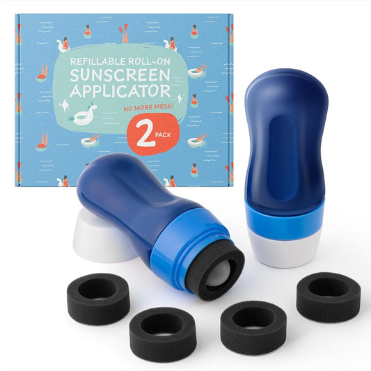 Sunscreen Applicator - 2 Pack, 6 fl oz - Refillable Sunscreen Roller & Replacement Sponge Heads - Roller Bottle Lotion Applicator for Easy Even Coverage for Kids & Adults