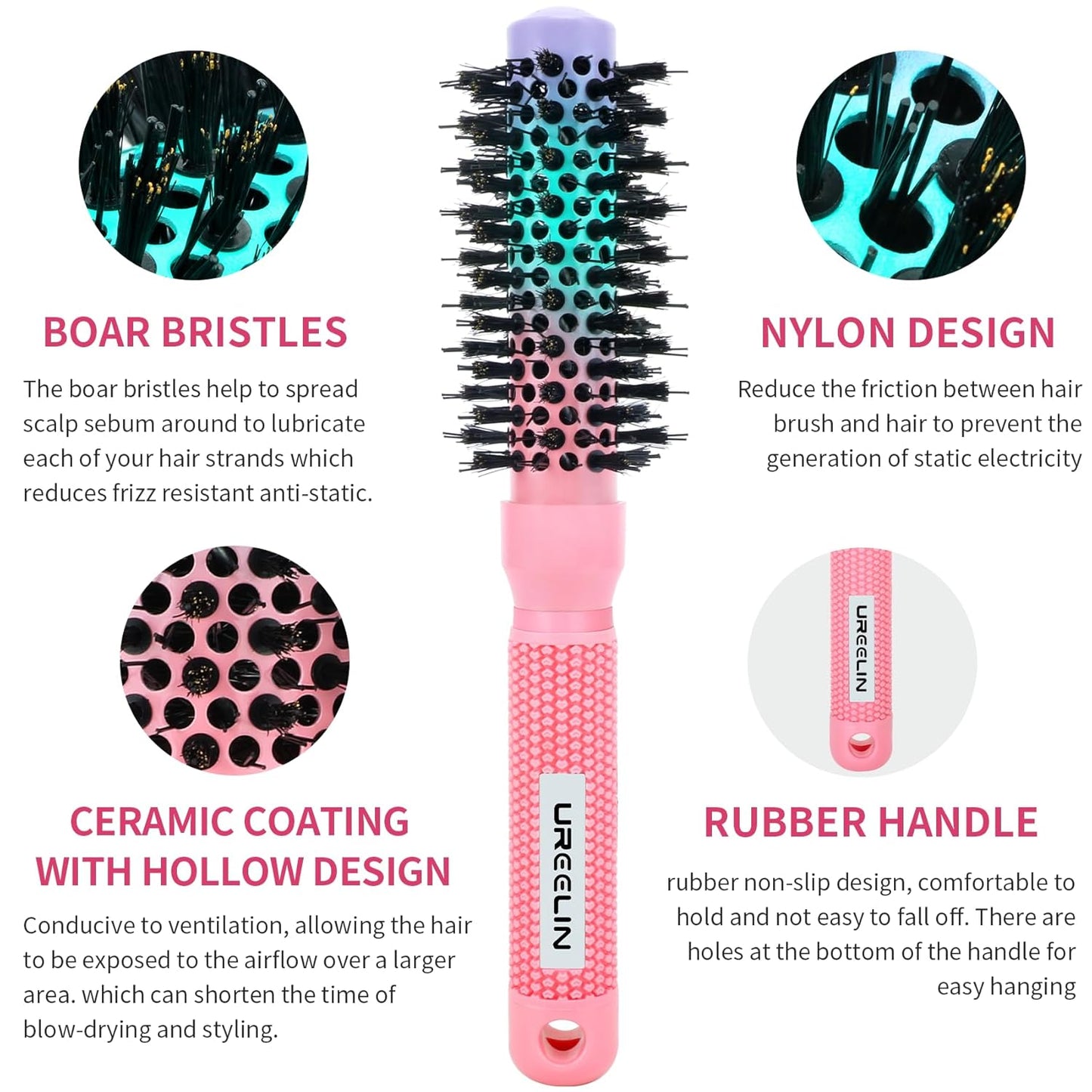 Round Brush for Blow Out - 1.0 Inch Small Nano Thermal Ceramic & Ionic with Boar Bristles - Salon Blow Drying Hair Brush for Drying,Volumizing, Curling, Shine & Smooth Styling